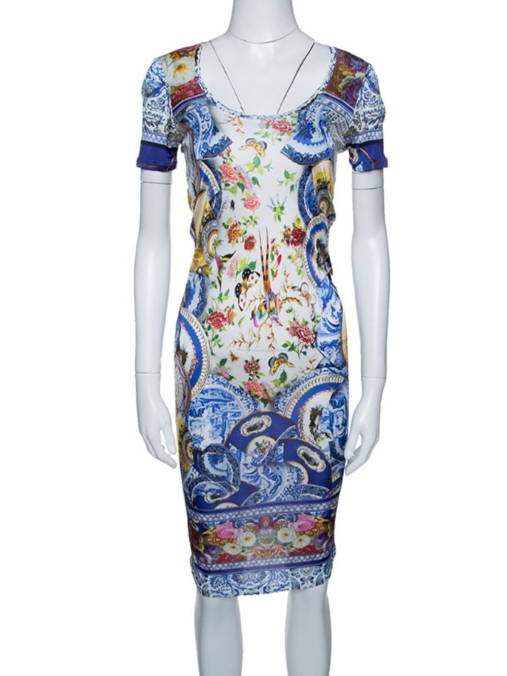 Roberto Cavalli Vintage Italian Floral Birds Vase Print Short Sleeve Dress